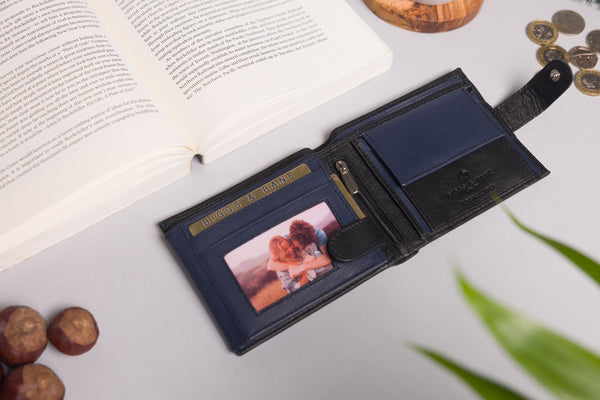 Personalised Engraved Black & Navy Bifold Leather Wallet