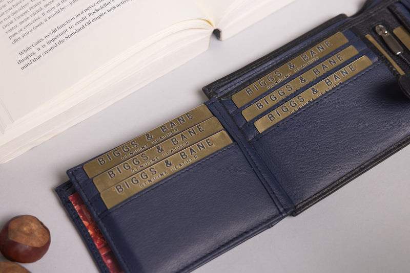 Personalised Engraved Black & Navy Bifold Leather Wallet