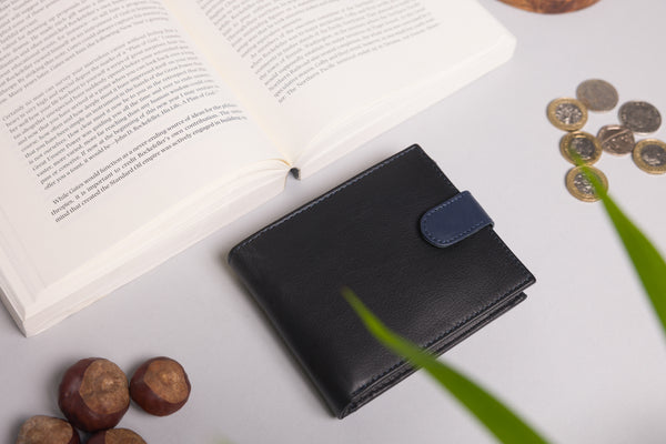 Personalised Engraved Black & Navy Bifold Leather Wallet
