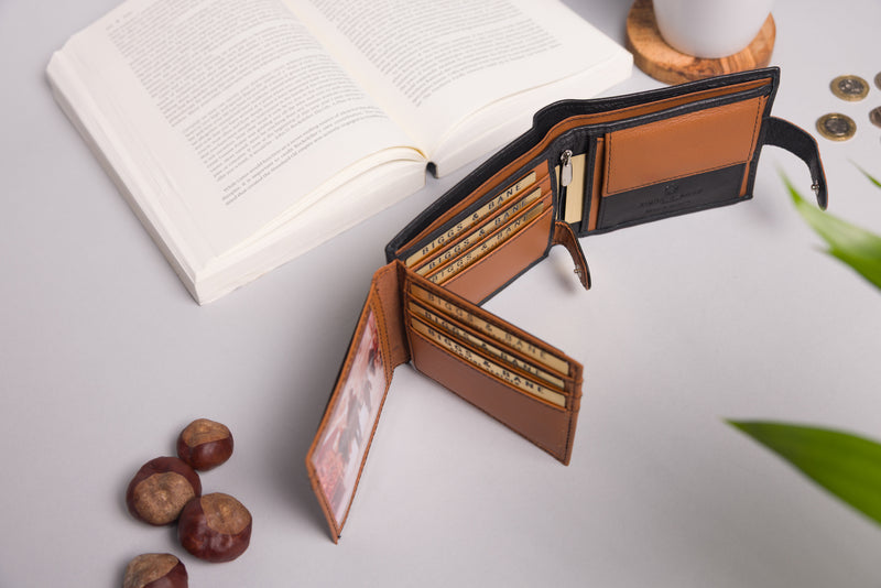 Personalised Engraved Black & Tan Bifold Leather Wallet