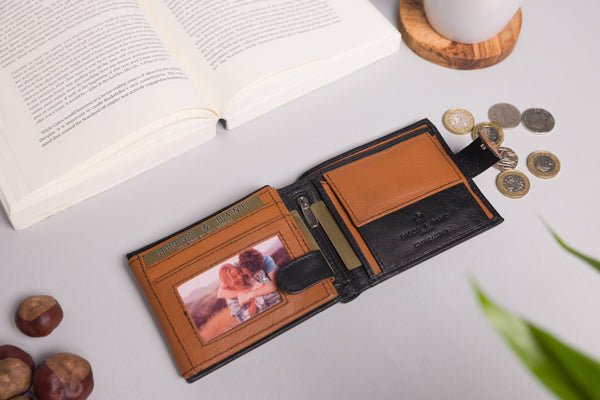 Personalised Engraved Black & Tan Bifold Leather Wallet