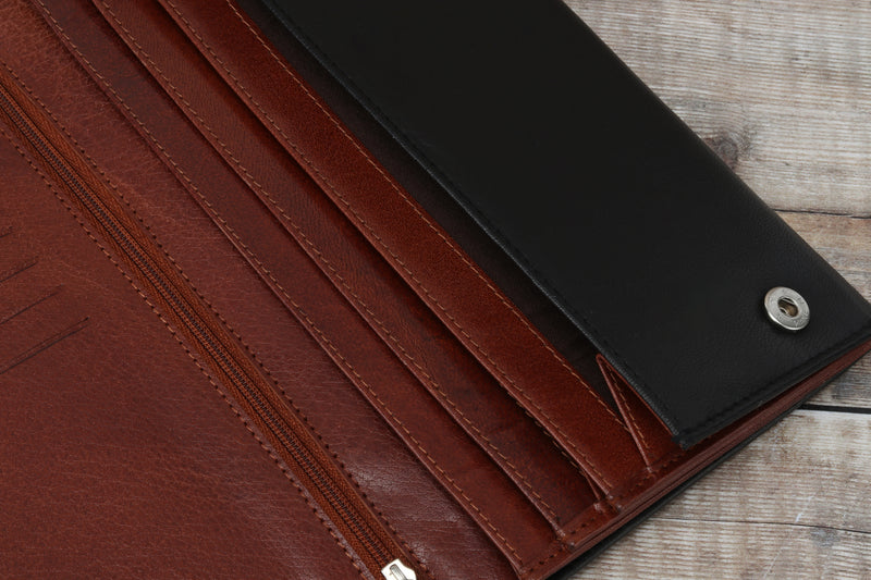 Personalised Engraved Black & Brown Leather Travel Wallet