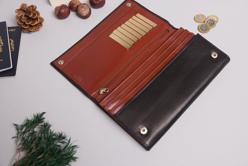 Personalised Engraved Black & Brown Leather Travel Wallet
