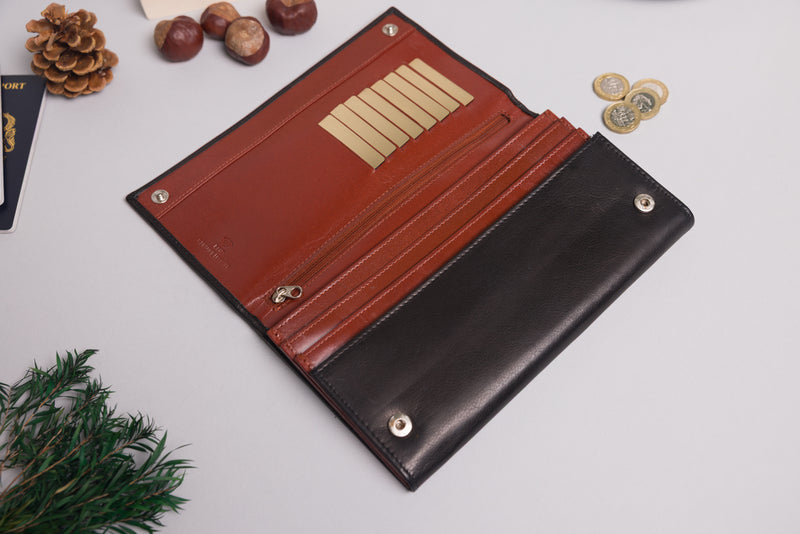 Personalised Engraved Black & Brown Leather Travel Wallet