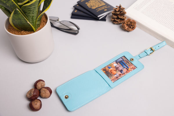 Personalised Engraved Blue Leather Luggage Tag