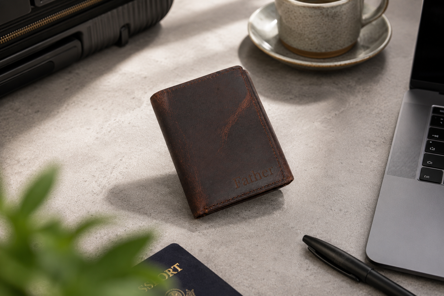 Personalised Dark Brown Leather Wallet – Trifold Design with RFID Protection