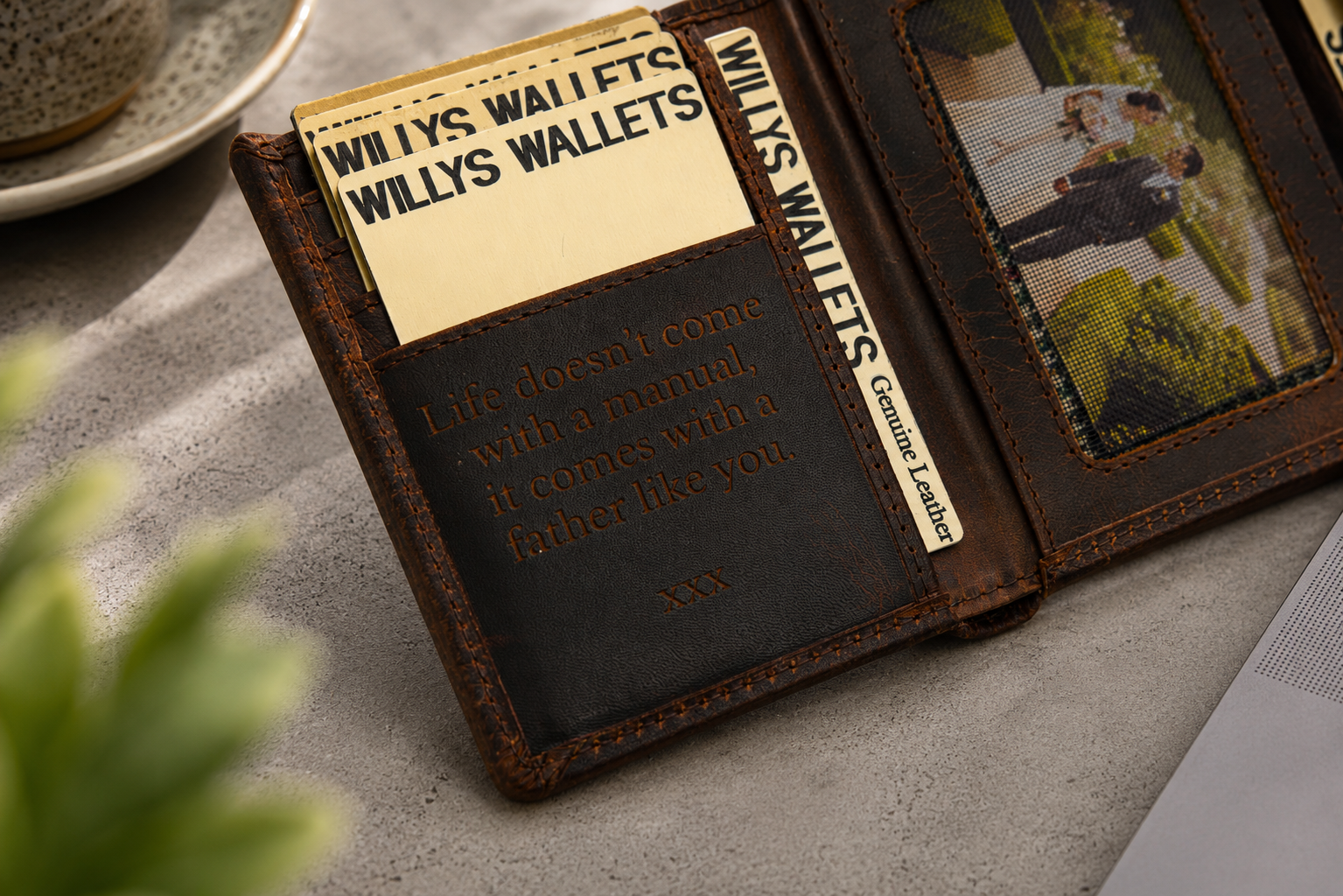 Personalised Dark Brown Leather Wallet – Trifold Design with RFID Protection