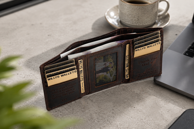 Personalised Dark Brown Leather Wallet – Trifold Design with RFID Protection