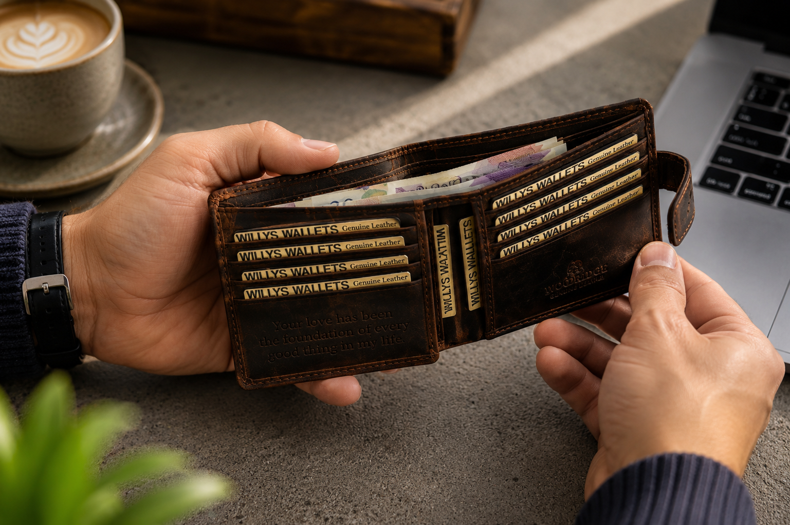 Personalised Dark Brown Leather Wallet – Bifold with Card Holder Slots & RFID Protection