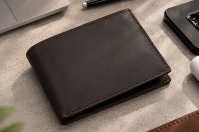 Personalised Dark Brown Leather Wallet – Bifold with Zip Coin Pocket & RFID Protection