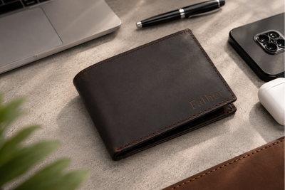Personalised Dark Brown Leather Wallet – Bifold with Zip Coin Pocket & RFID Protection