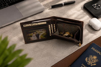 Personalised Dark Brown Leather Wallet – Bifold with Zip Coin Pocket & RFID Protection