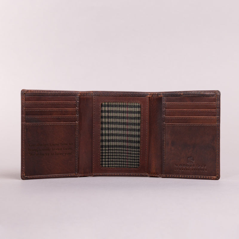 Personalised Engraved Brown Trifold Leather Wallet