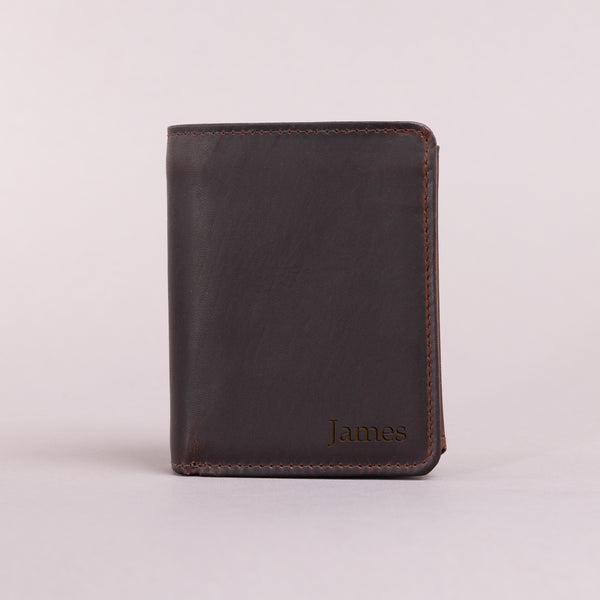 Personalised Engraved Brown Trifold Leather Wallet