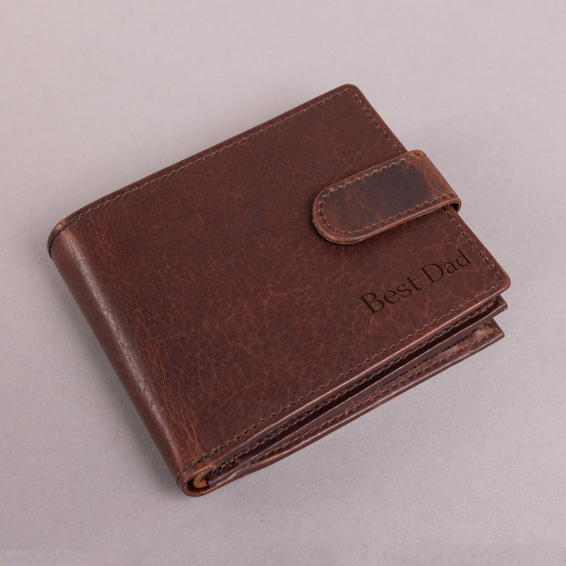 Personalised Engraved Brown Bifold Leather Wallet With Big Zip Coin Pocket