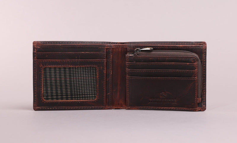 Personalised Engraved Brown Bifold Leather Wallet With Zip Coin Pocket