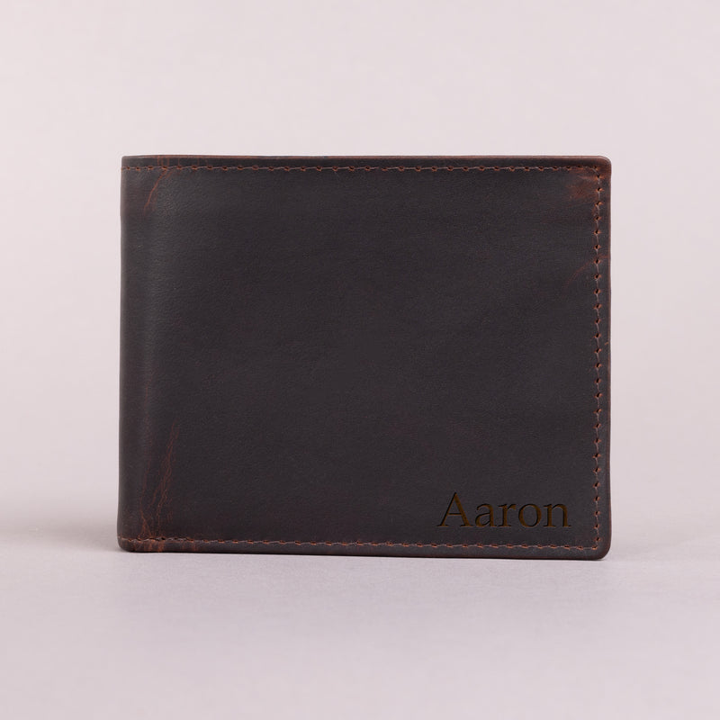 Personalised Engraved Brown Bifold Leather Wallet With Zip Coin Pocket