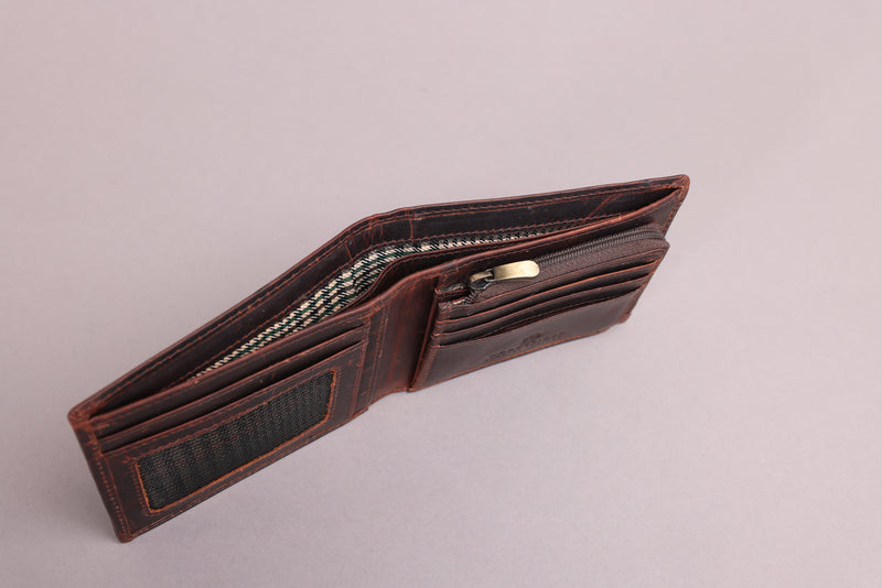 Personalised Engraved Brown Bifold Leather Wallet With Zip Coin Pocket