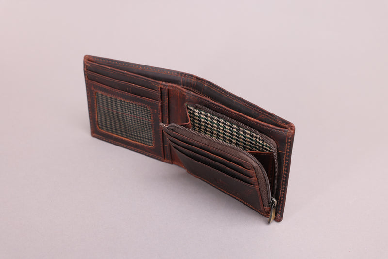 Personalised Engraved Brown Bifold Leather Wallet With Zip Coin Pocket