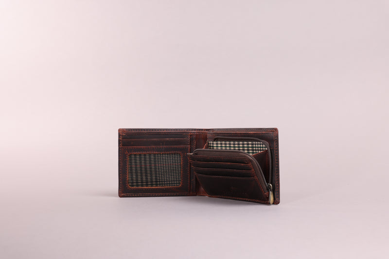 Personalised Engraved Brown Bifold Leather Wallet With Zip Coin Pocket