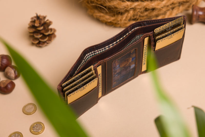 "Compact leather wallet with card and note sections"