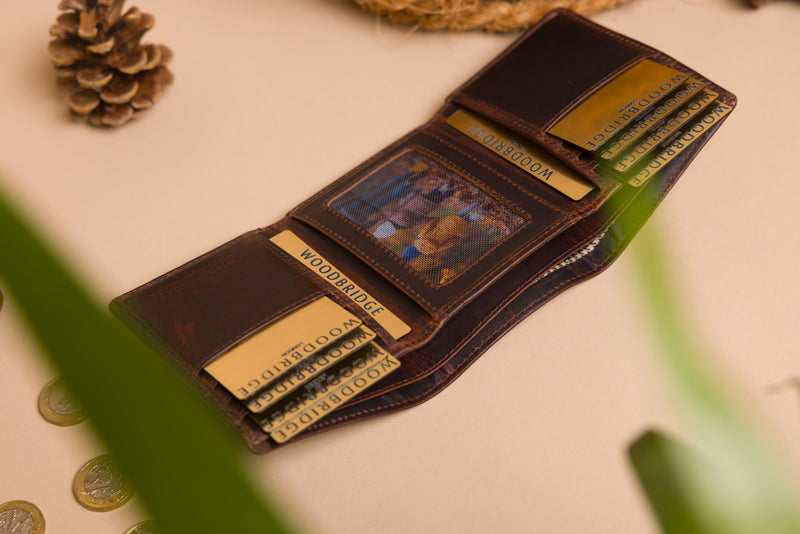 "Engraved brown trifold wallet for men"