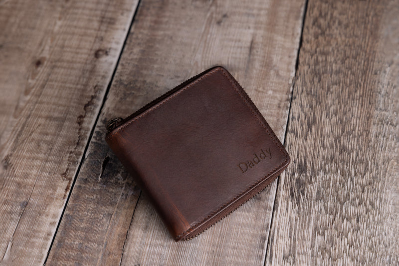 Personalised Engraved Brown Bifold Leather Zip Around Wallet