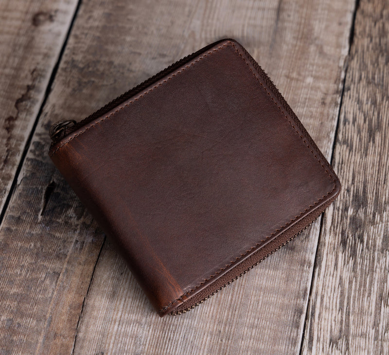 Personalised Engraved Brown Bifold Leather Zip Around Wallet