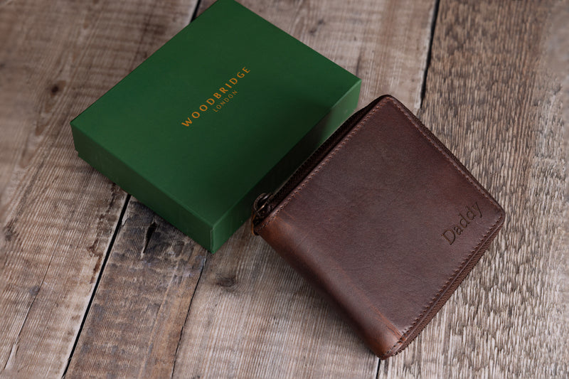 Personalised Engraved Brown Bifold Leather Zip Around Wallet