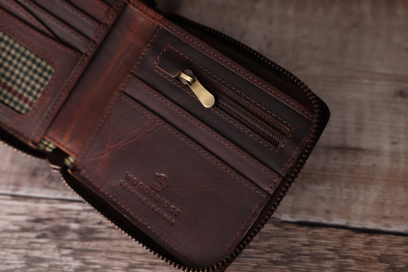 Personalised Engraved Brown Bifold Leather Zip Around Wallet