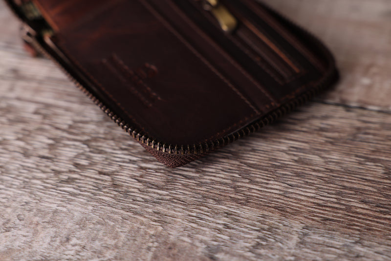 Personalised Engraved Brown Bifold Leather Zip Around Wallet