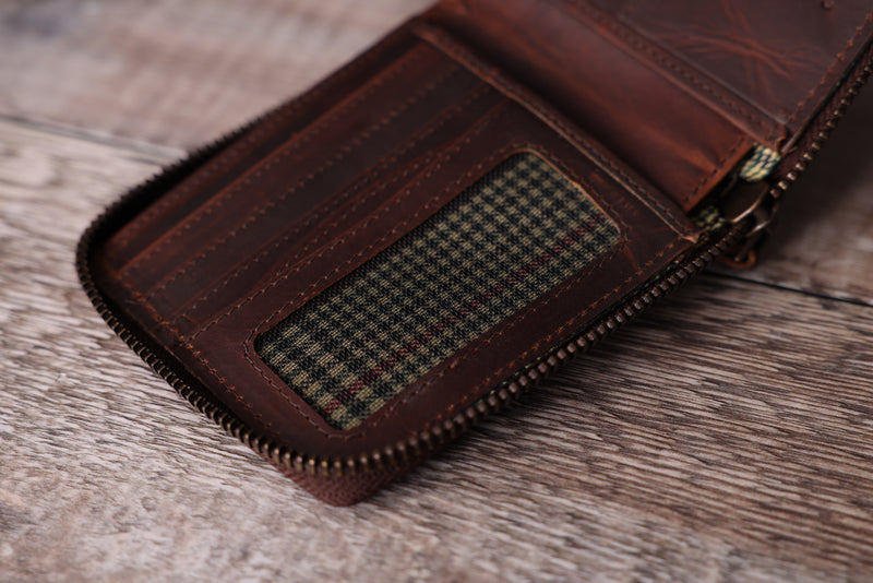 Personalised Engraved Brown Bifold Leather Zip Around Wallet