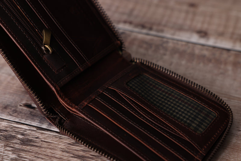 Personalised Engraved Brown Bifold Leather Zip Around Wallet