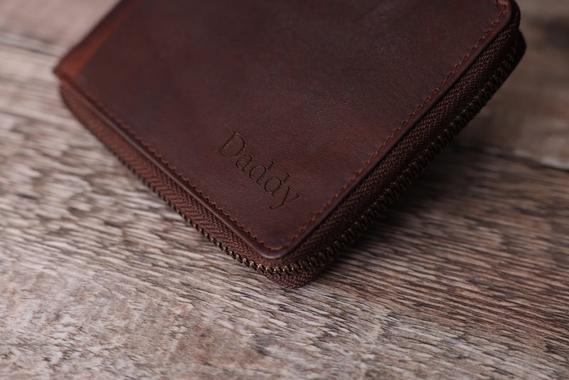 Personalised Engraved Brown Bifold Leather Zip Around Wallet