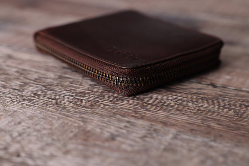 Personalised Engraved Brown Bifold Leather Zip Around Wallet