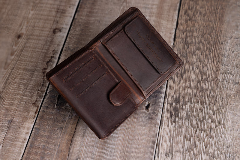 Personalised Engraved Brown Trifold Leather Wallet