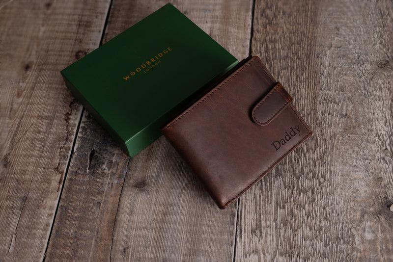 Personalised Engraved Brown Bifold Leather Wallet With Big Zip Coin Pocket