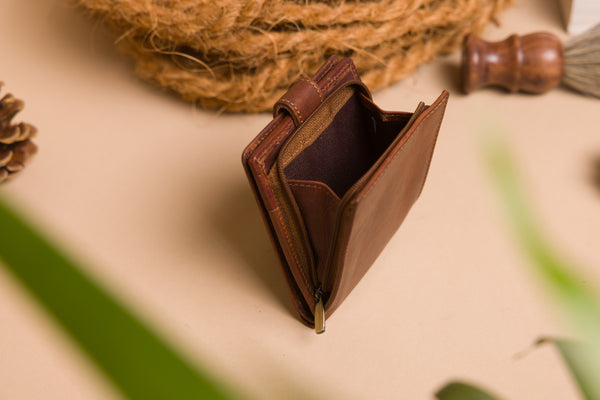 Personalised Engraved Brown Bifold Leather Wallet With Big Zip Coin Pocket
