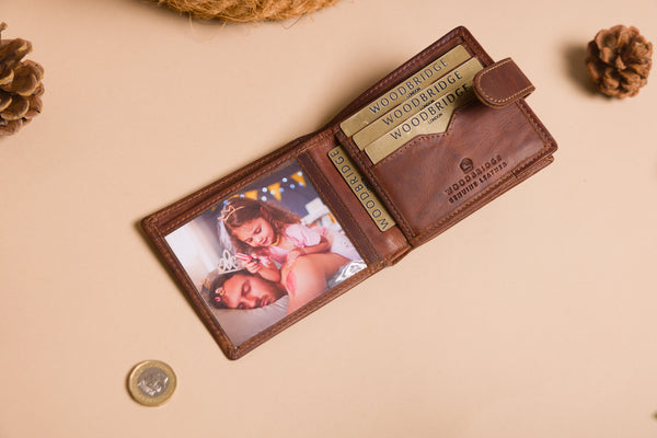 Personalised Engraved Brown Bifold Leather Wallet With Big Zip Coin Pocket