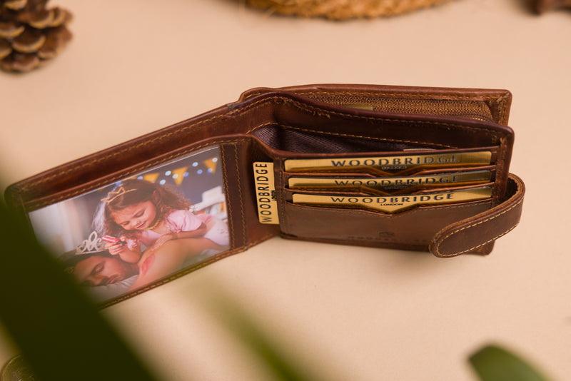 Personalised Engraved Brown Bifold Leather Wallet With Big Zip Coin Pocket
