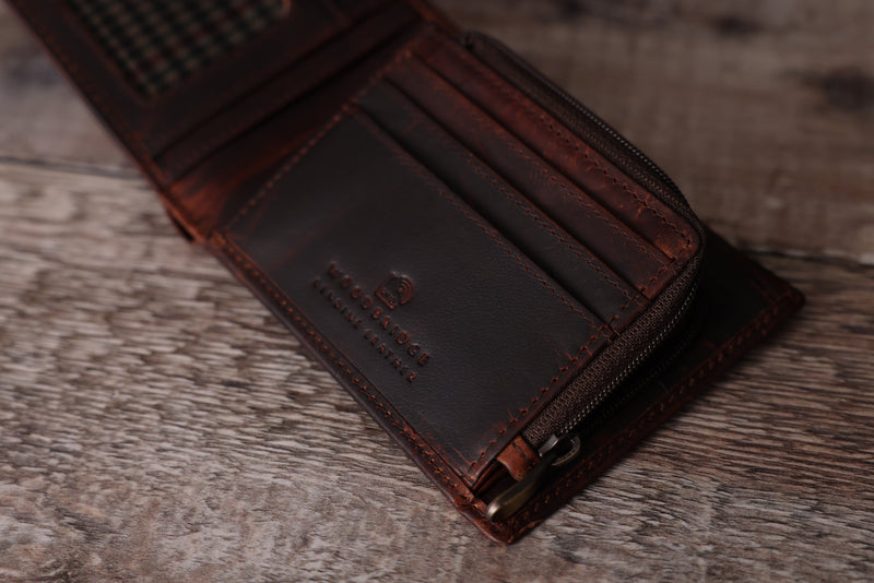 Personalised Engraved Brown Bifold Leather Wallet With Zip Coin Pocket