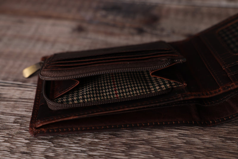 Personalised Engraved Brown Bifold Leather Wallet With Zip Coin Pocket