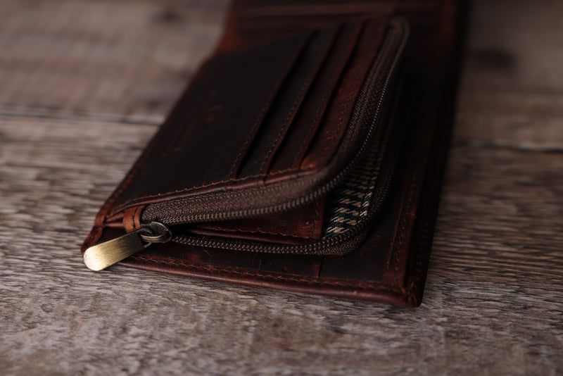 Personalised Engraved Brown Bifold Leather Wallet With Zip Coin Pocket
