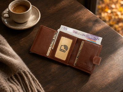 Personalised 6-Card Dark Tan Pop-Up Wallet – RFID Secure, Compact & Stylish
