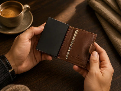 Personalised 6-Card Dark Tan Pop-Up Wallet – RFID Secure, Compact & Stylish