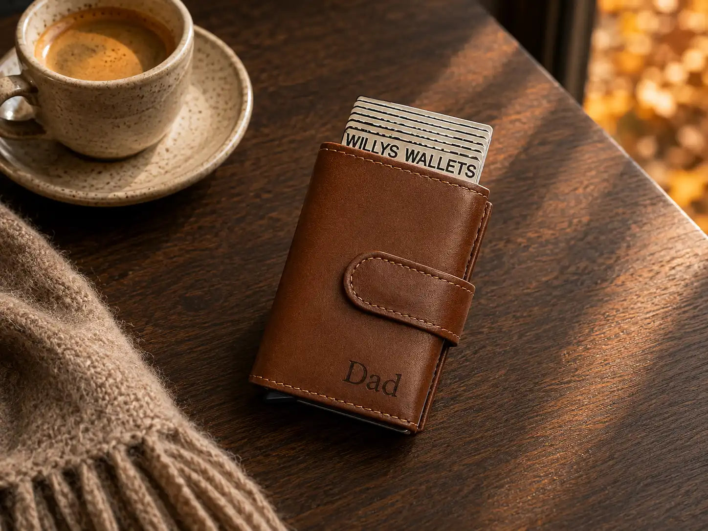 Personalised 6-Card Dark Tan Pop-Up Wallet – RFID Secure, Compact & Stylish