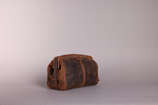 Personalised Engraved Brown Leather Wash Bag