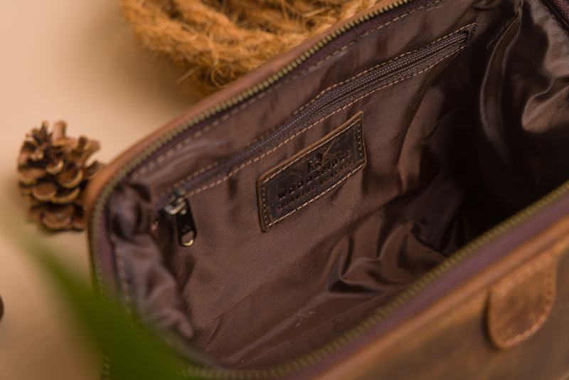 Personalised Engraved Brown Leather Wash Bag