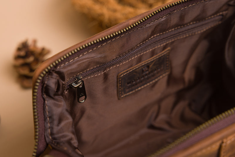 Personalised Engraved Brown Leather Wash Bag