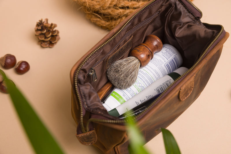 Personalised Engraved Brown Leather Wash Bag